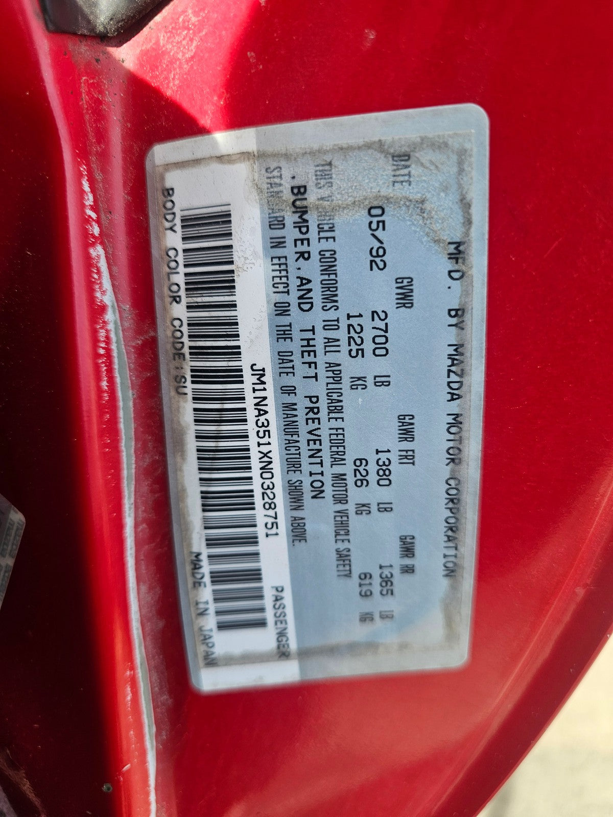 1990-1997 mazda miata MX5 1.6 right passenger tail light
